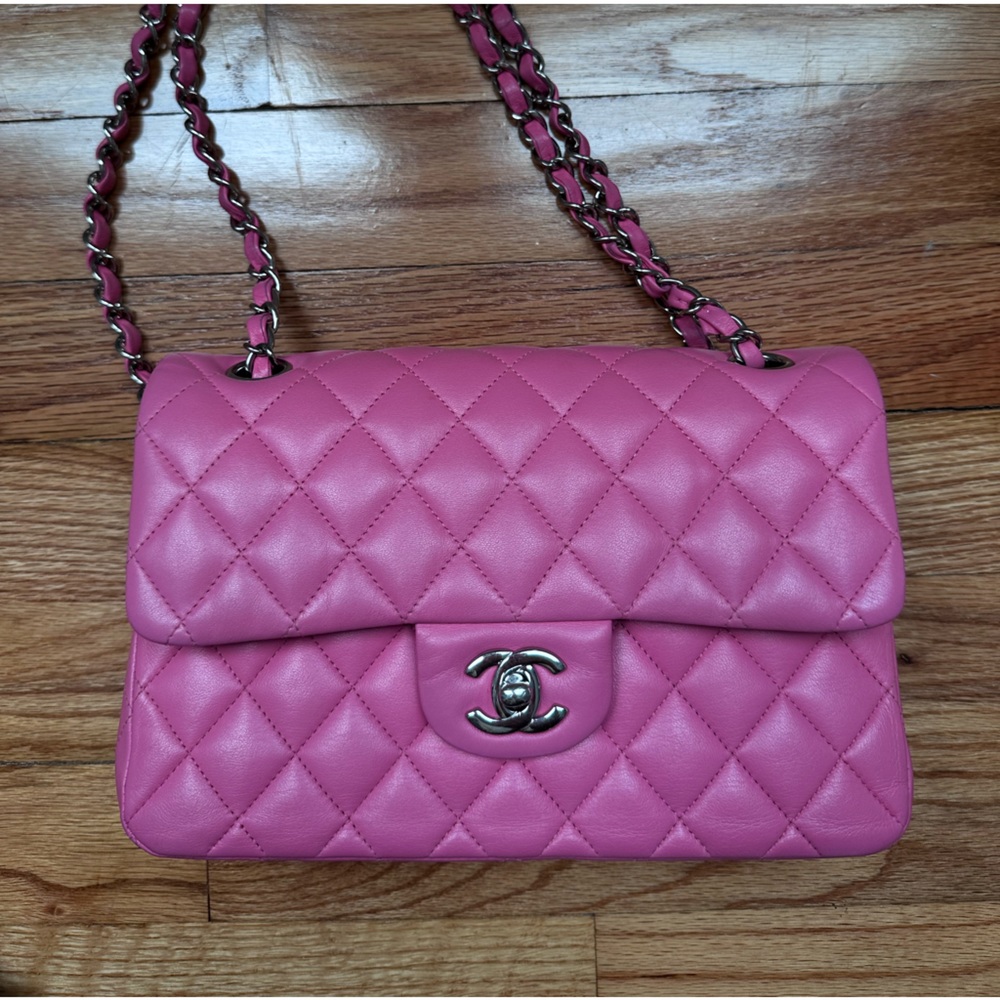 Chanel 19c lamb skin small pink double flap silver hardware